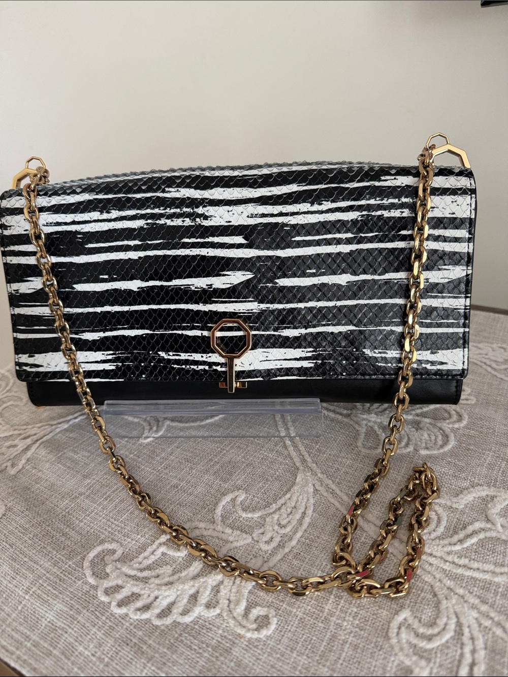Louise et Cie Zebra Stripe Embossed/Leather Black & White Bag with Chain Strap